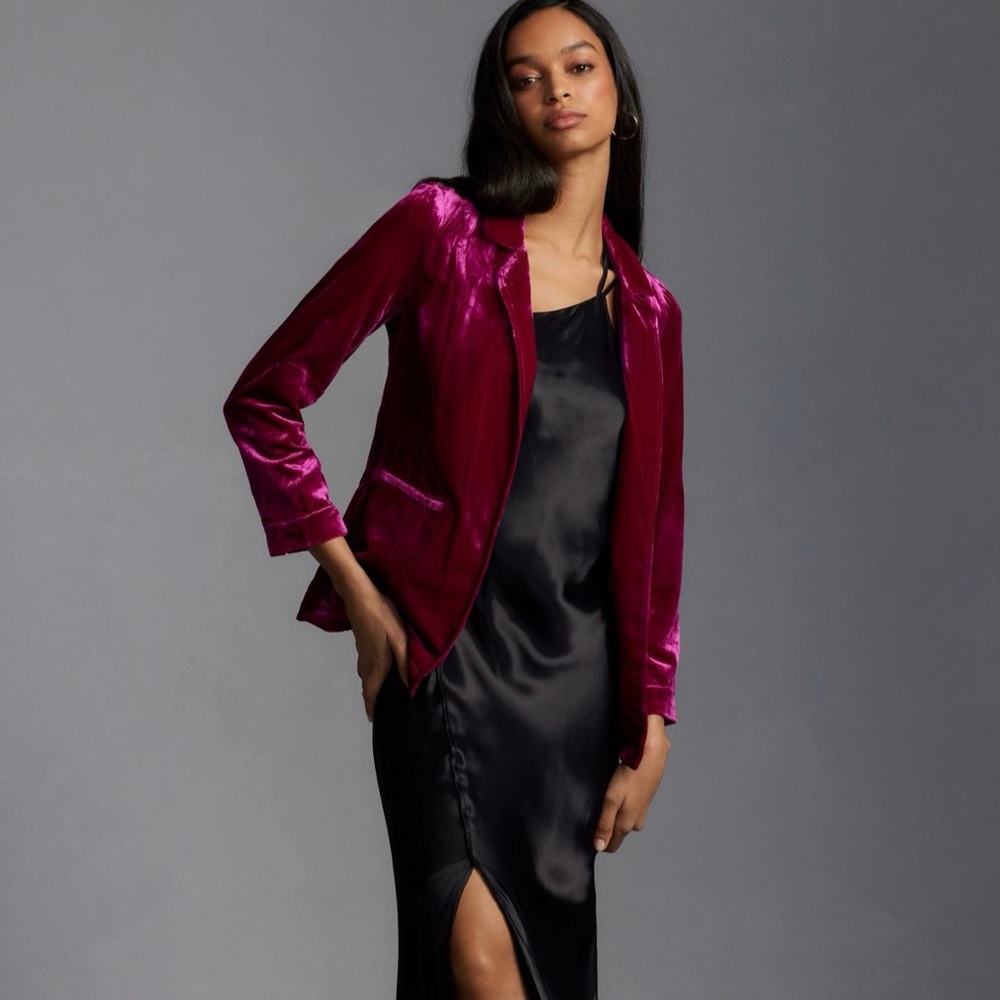 Anthropologie Velvet Tulip-Back Blazer Raspberry Petite Medium